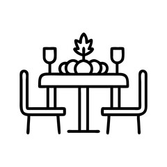 Elegant thanksgiving dining table setup with pumpkins and wine glasses line art vector design