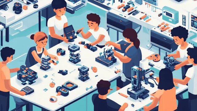 Enthusiastic Students Collaborating on Robotics Project in a Workshop Setting