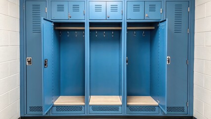 A row of blue lockers stands empty, showcasing open doors and wooden shelves, set against a plain white wall.