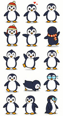 Obraz premium Cute Penguin Cartoon Characters in Various Poses Isolated