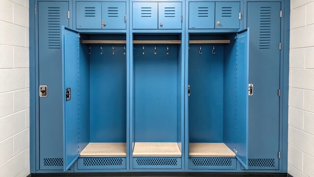 A row of blue lockers stands empty, showcasing open doors and wooden shelves, set against a plain white wall.