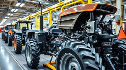 Fototapeta premium Tractor production Assembly line inside an agricultural machinery factory Installing parts on the tractor body