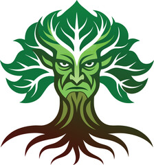  A mascot logo featuring a wise and ancient looking stylized tree with deep roots, representing growth, stability, and wisdom for a long standing business 