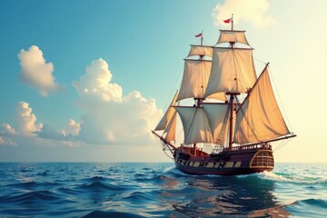 Sailing ship with billowing sails, ocean, yacht