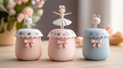 Cute core, pastel and decorative concept. Cute decorative jars featuring ballerina figures, adorned with bows and pastel colors, perfect for a whimsical touch in any room.
