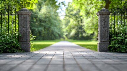 Fototapeta premium Scenic Entrance of a Mansion Framed by Stone Gates and a Paved Pathway Through Lush Green Landscape