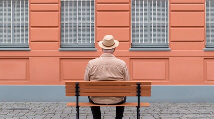 Solitary Man Sitting on a Wooden Bench Against a Pastel Wall with Barred Windows in an Urban Environment