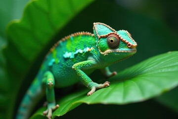 Obraz premium Emerald chameleon perfectly camouflaged on lush, tropical leaf , scales, chameleon