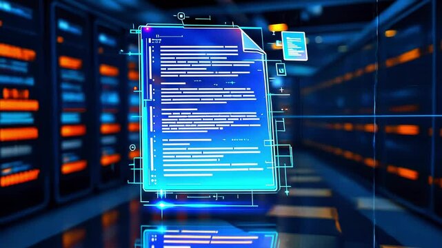 Futuristic digital document displayed in a high-tech data center with glowing screens and servers