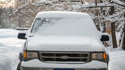 Fototapeta premium Snow-covered vehicle in a winter landscape.