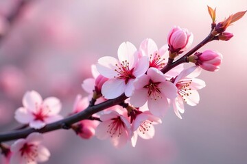 Obraz premium Intricate sakura branch pattern, showcasing blossoms and buds, light pink hues , floral pattern, wallpaper, refined