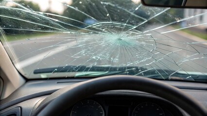 Cracked windshield view from inside a car on the road.