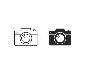 This icon shows two simple camera outlines, one filled and one as a line drawing. They represent taking pictures or photography.