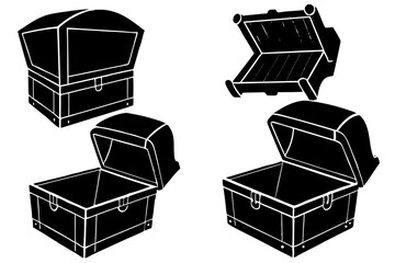 set of Open Treasure Chest vector silhouette illustration on white background