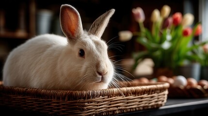 Peaceful white rabbit resting in wicker basket at home
