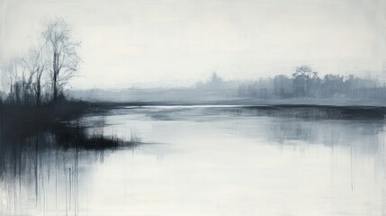 Fototapeta premium Misty grey landscape, serene river scene.