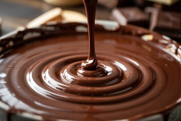 Smooth, rich chocolate being poured into a swirl.