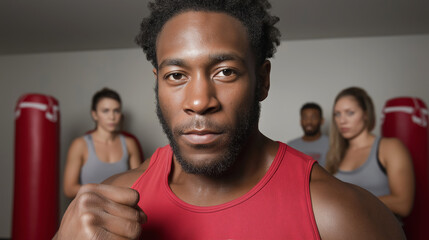 Fisheye, low angle view of a determined boxer throwing a punch with group in background at the gym