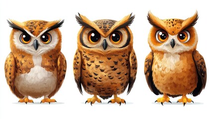 Fototapeta premium Three cartoon owls posed, white background, illustration
