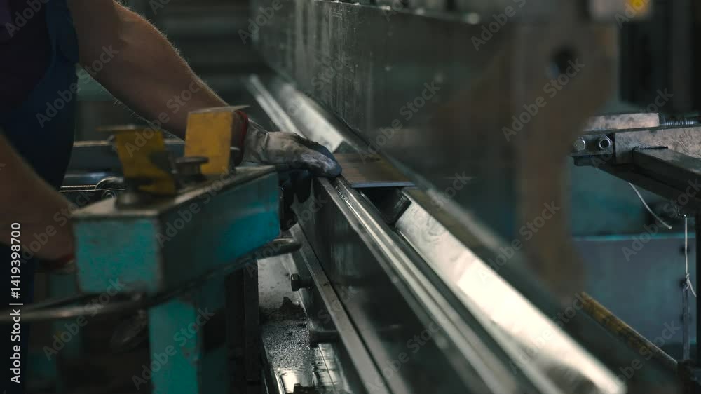 Poster In a bustling workshop, skilled operators use a bending press to shape metal with precision. Each movement reflects craftsmanship and dedication to high-quality part production, ensuring perfection.