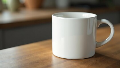 Fototapeta premium Classic white ceramic mug, handle detail visible, mockup, background