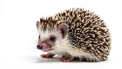 Fototapeta premium Tiny hedgehog, curled, isolated on white background, wildlife photography, tiny, picture