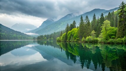 Fototapeta premium Majestic mountains embrace a serene lake, its water mirroring the morning sky and distant snow-dusted peaks