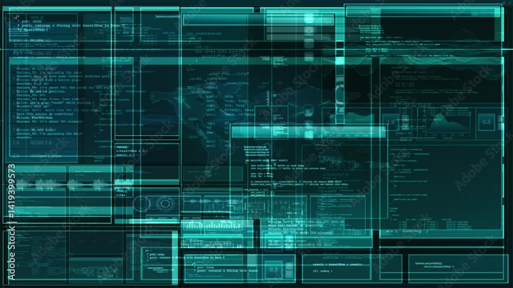 Wall mural hacker's interface with vibrant code snippets and abstract panels, creating a captivating high-tech 