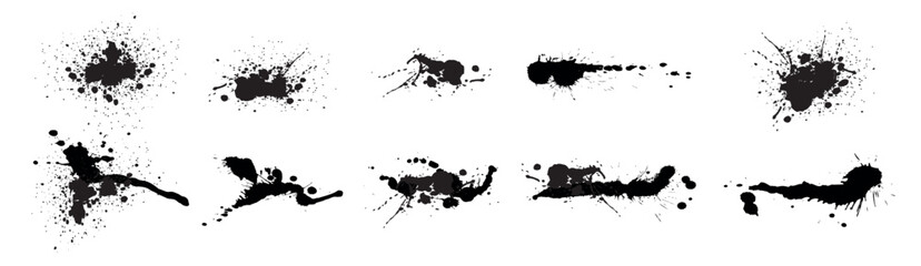 Set of spray paint drips, black blots or ink splatters. Blobs or inky spots with graffiti dirty grunge effect. Brush stains or inkblots with spatters or drops. Vector design elements in street style.