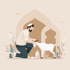 Illustration of Eid al-Adha. Muslims Prepare Sacrificial Animals. People Celebrate Eid al-Adha