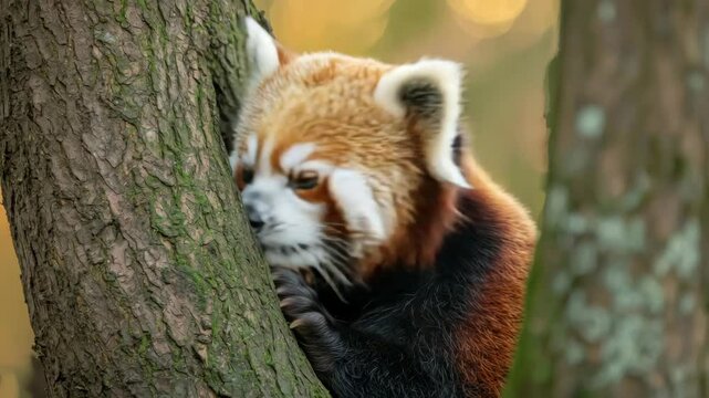 A red panda on a tree in the wild. 