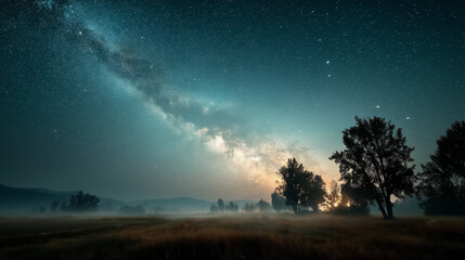 Clear summer night in the countryside, Milky Way shining brightly over open field, silhouettes of trees, star-filled sky, peaceful and cinematic atmosphere