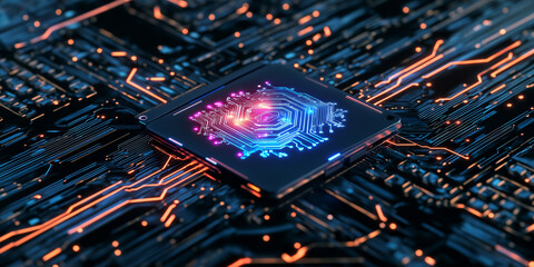Futuristic AI processor with glowing digital circuitry and light trails