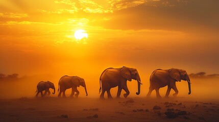 Obraz premium Majestic Elephants Walking Silhouetted Against a Stunning Golden Sunset in a Dusty Landscape