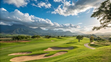 Fototapeta premium Vibrant green meadows and forests blanket the Swiss Alps under a summer sky with scattered clouds, showcasing a breathtaking mountain landscape