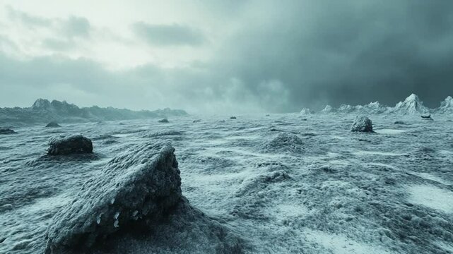 Frozen wilderness vast expanse under ominous clouds cinematic arctic scene