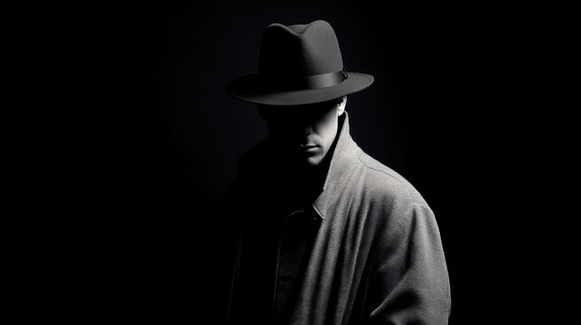 Shadowy black and white portrait capturing hardboiled detective wearing fedora, silhouetted against dark background with intense film noir styling
