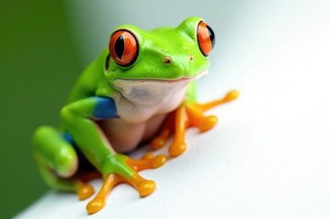 Fototapeta premium Green tree frog perched on white, vibrant skin, green, animal, texture