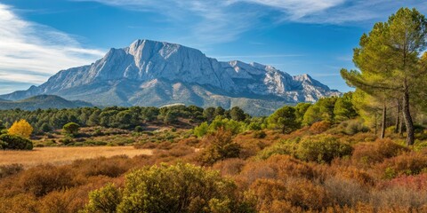 Naklejka premium Mediterranean light bathes Sainte-Victoire Mountain, a breathtaking Aix-en-Provence vista.