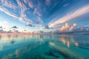 A summer sunset paints the lake's horizon with a blue reflection of the cloudy sky