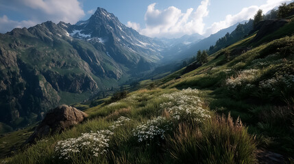 Naklejka premium Majestic summer mountains with clear sky, wildflowers in foreground, layered peaks in background