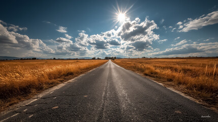 Naklejka premium Long straight road cutting through endless golden fields, summer sun overhead, lens flare, blue sky with white clouds, cinematic feeling
