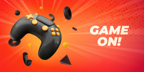 Game On 3D Gaming Controller With Dynamic Elements On Red Background, Perfect For Esports, Streaming, And Tournaments Promotion. Modern And Fun Design. Vector Illustration. © Oleg