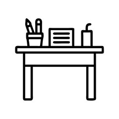 Illustration of office desk with stationery, pencil holder, notepad and water bottle outline icon