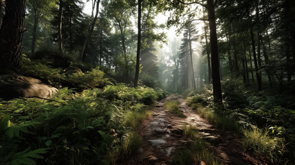 Obraz premium Narrow trail in summer forest, sunbeams through dense foliage, fresh greenery, immersive nature scene, high detail