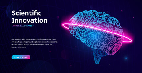 Futuristic Glowing Brain with Neural Grid and Orbit Ring Symbolizing Artificial Intelligence, Innovation, and Science on Dark Background. High-Tech Concept. Vector Illustration. © Oleg