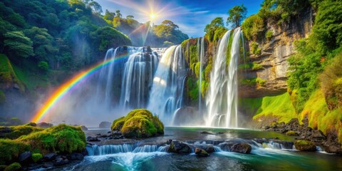 Majestic waterfall cascades, creating a spectacular rainbow in a breathtaking natural landscape.