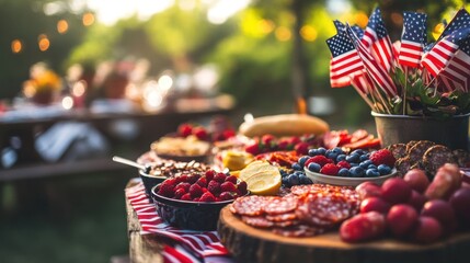 Labor Day Celebration Charcuterie Board with USA Flags and Berries