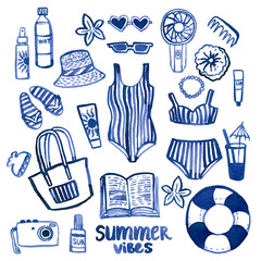 Hand drawn watercolor coastal resort stuff with swimsuit, hat, flip-flops, bag,sunscreen  cream. Can use for print, clothes print, t-shirt, poster, check-list, invitation, illustration, element design
