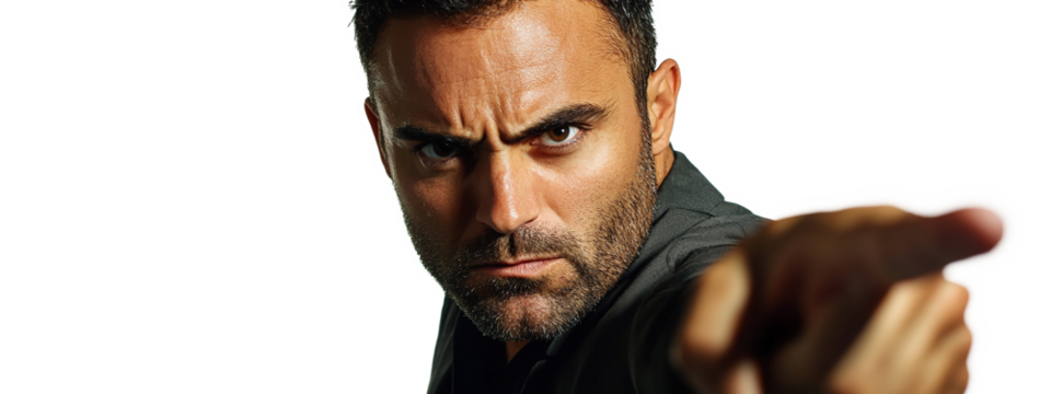 Middle-aged man pointing away with serious facial expression on transparent background. PNG